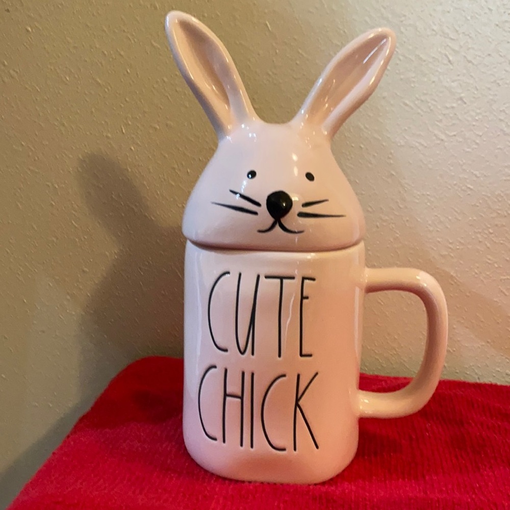 Rae Dunn pink mug with bunny top